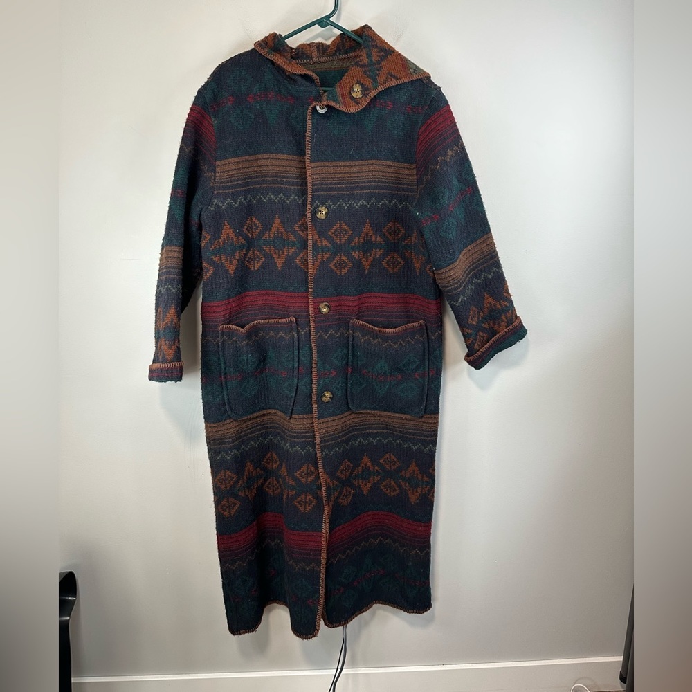 Woolrich Women's Wool Hooded Aztec Pattern Long Button Front Hooded Trech Coat-M